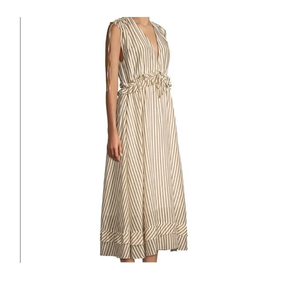 Robert Rodriguez XS Tiered Midi Dress Gold White Stripe Coastal Lagenlook New